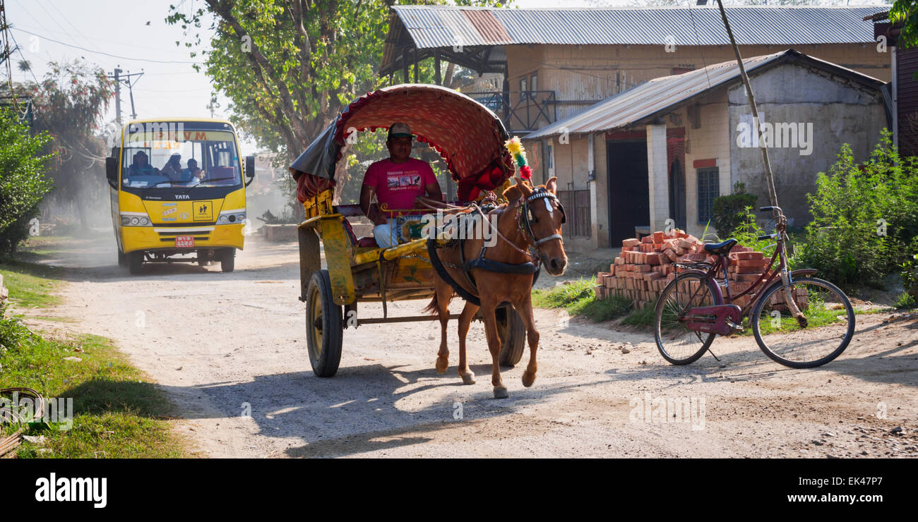 Una varietà di mezzi di trasporto - autobus, cavallo e carrello, bicicletta - a Sauraha, Chitwan, Nepal Foto Stock