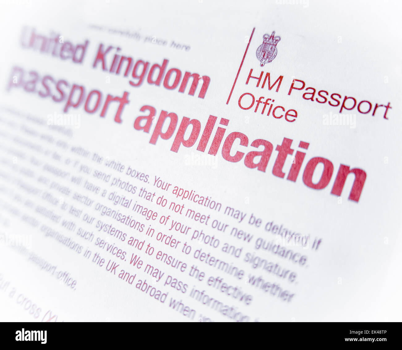 Dettaglio di un Regno Unito o il passaporto britannico Modulo di applicazione con DoF poco profondo Foto Stock