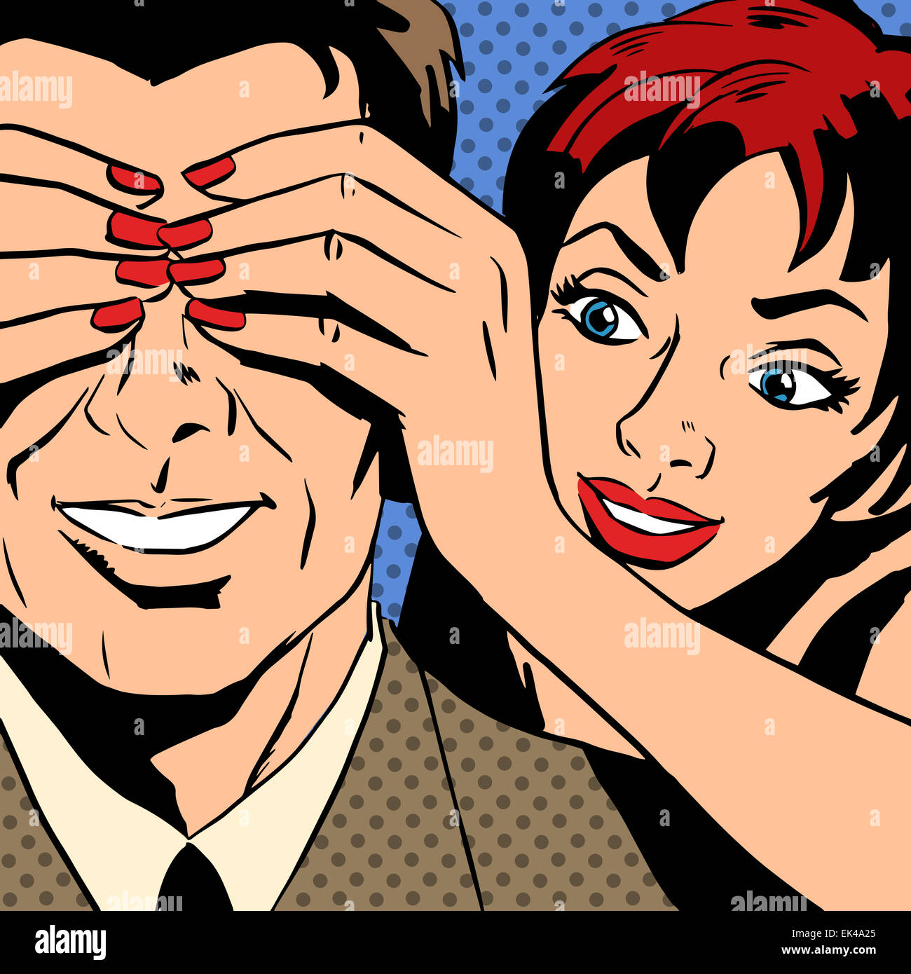 Flirt donna che è chiuso l'uomo occhi fumetti in stile retrò pop art. Il tema dell'amore, le relazioni e la comunicazione. Imitazione Foto Stock