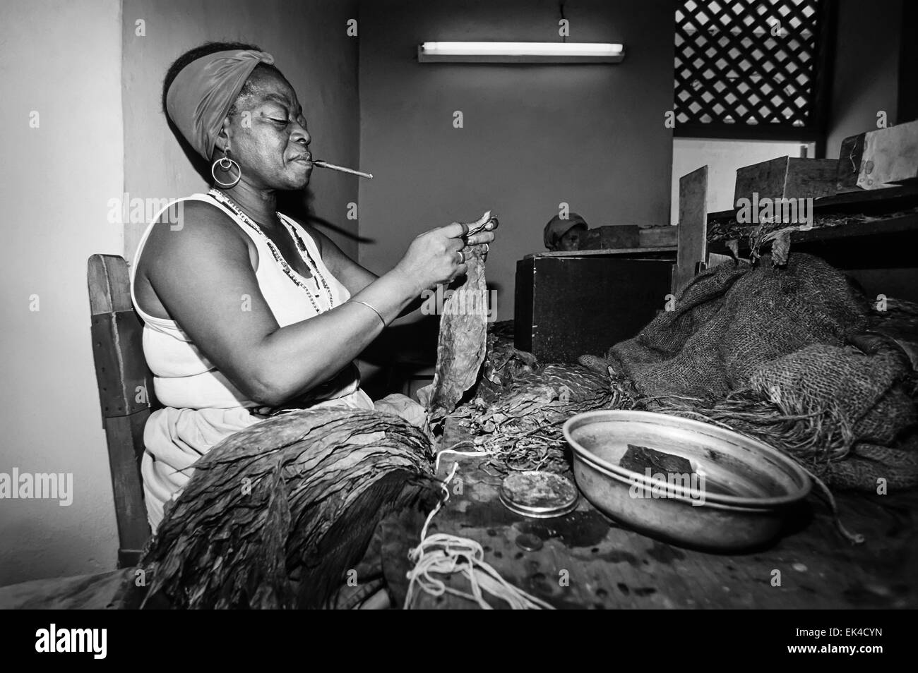 CUBA, Pinar Del Rio, donna cubana a lavorare in una fabbrica di sigari - Scansione su pellicola Foto Stock