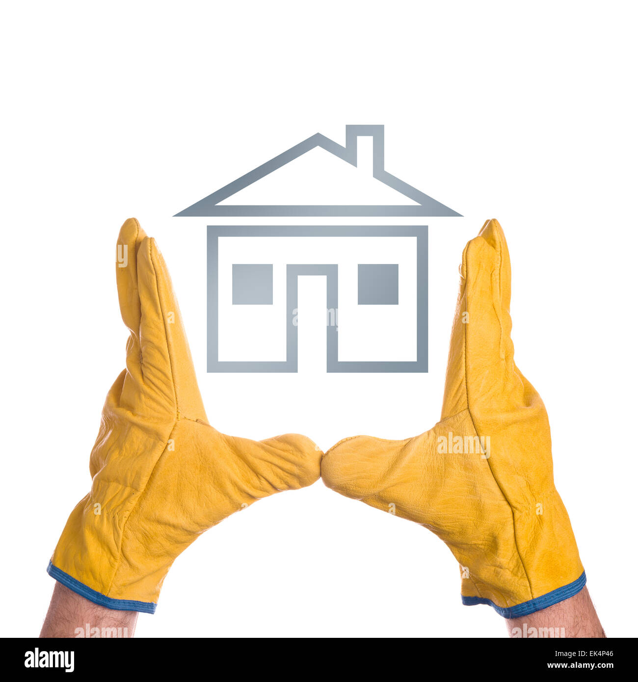 Tecnico delle Costruzioni indossando giallo cuoio guanti di protezione rendendo House Project Plan isolati su sfondo bianco Foto Stock