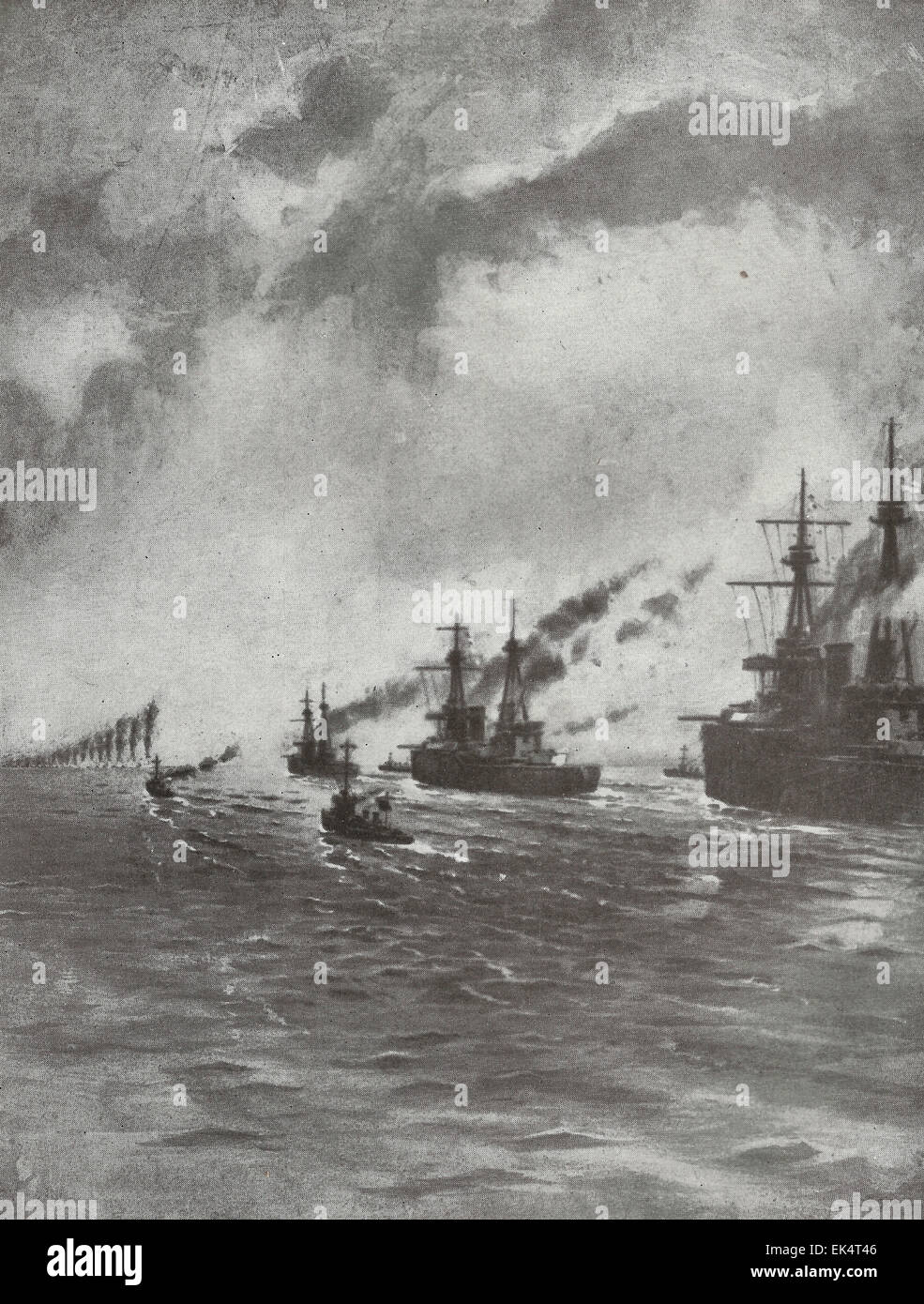 British battlecruisers incontrando il Tedesco Alto mare flotta off dello Jutland. A sinistra sono i leader di navi di alto mare Flotta - 1916 Foto Stock