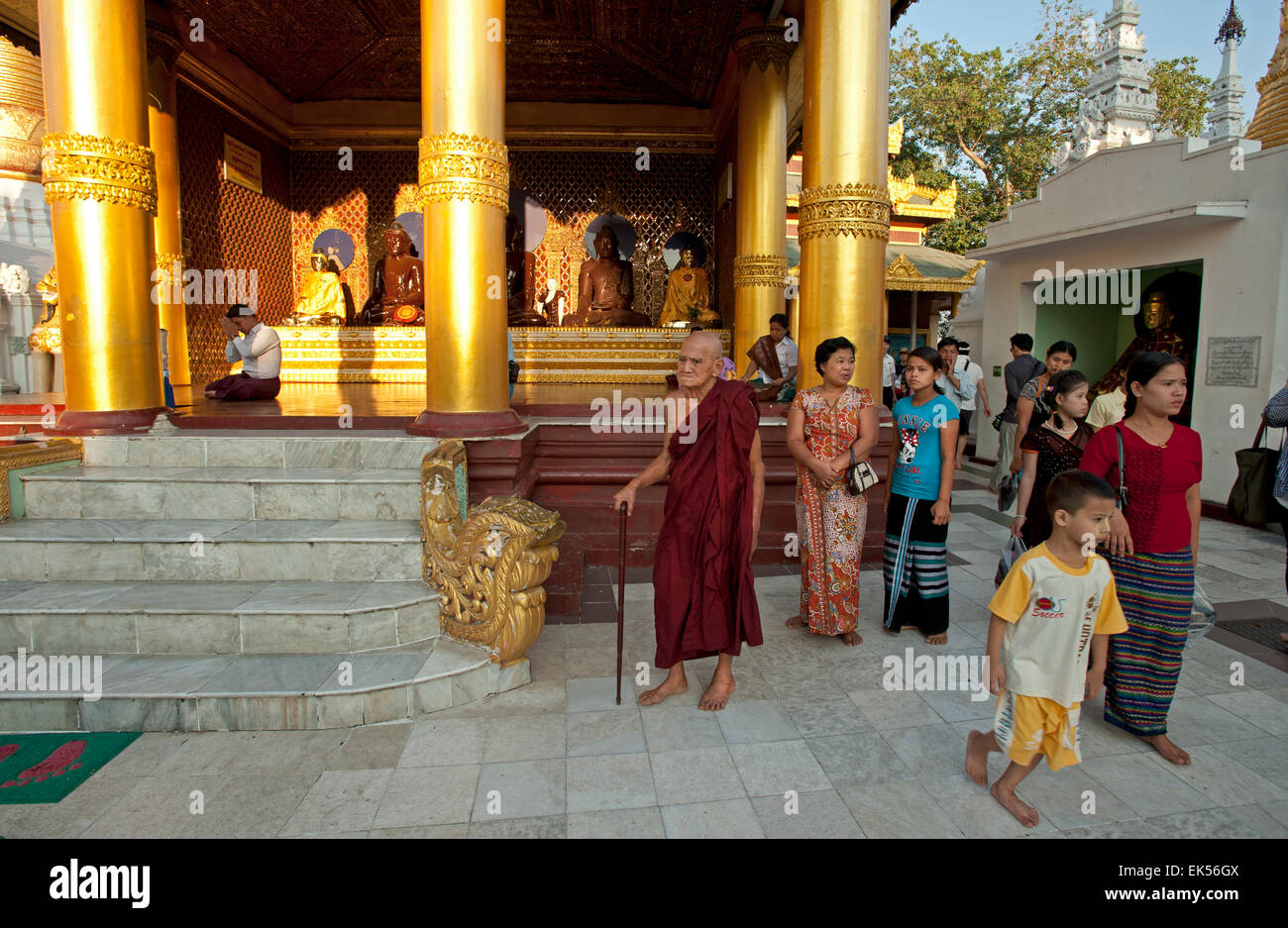Un vecchio monaco buddista e famiglie a piedi intorno alla Shwedagon pagoda come il sole tramonta in Yangon Myanmar Foto Stock