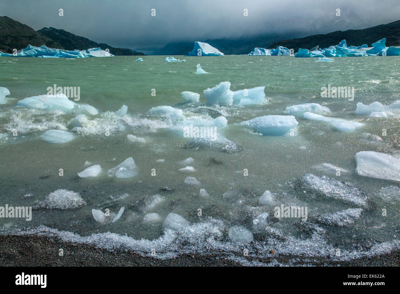Iceberg dal ghiacciaio Grey (in lontananza) in grigio lago nella Patagonia meridionale del campo di ghiaccio a Torres del Paine compit Foto Stock Iceberg dal ghiacciaio Grey (in lontananza) in grigio lago nella Patagonia meridionale del campo di ghiaccio a Torres del Paine compit Foto Stock