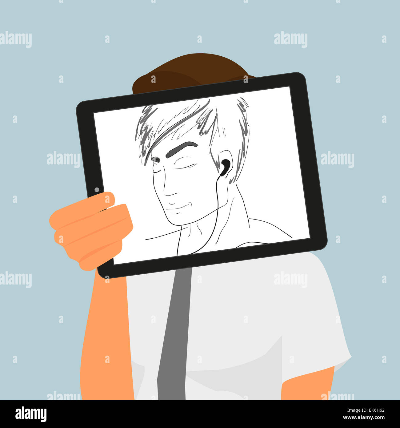 Guy detiene il tablet pc visualizzando il disegno a mano Foto Stock