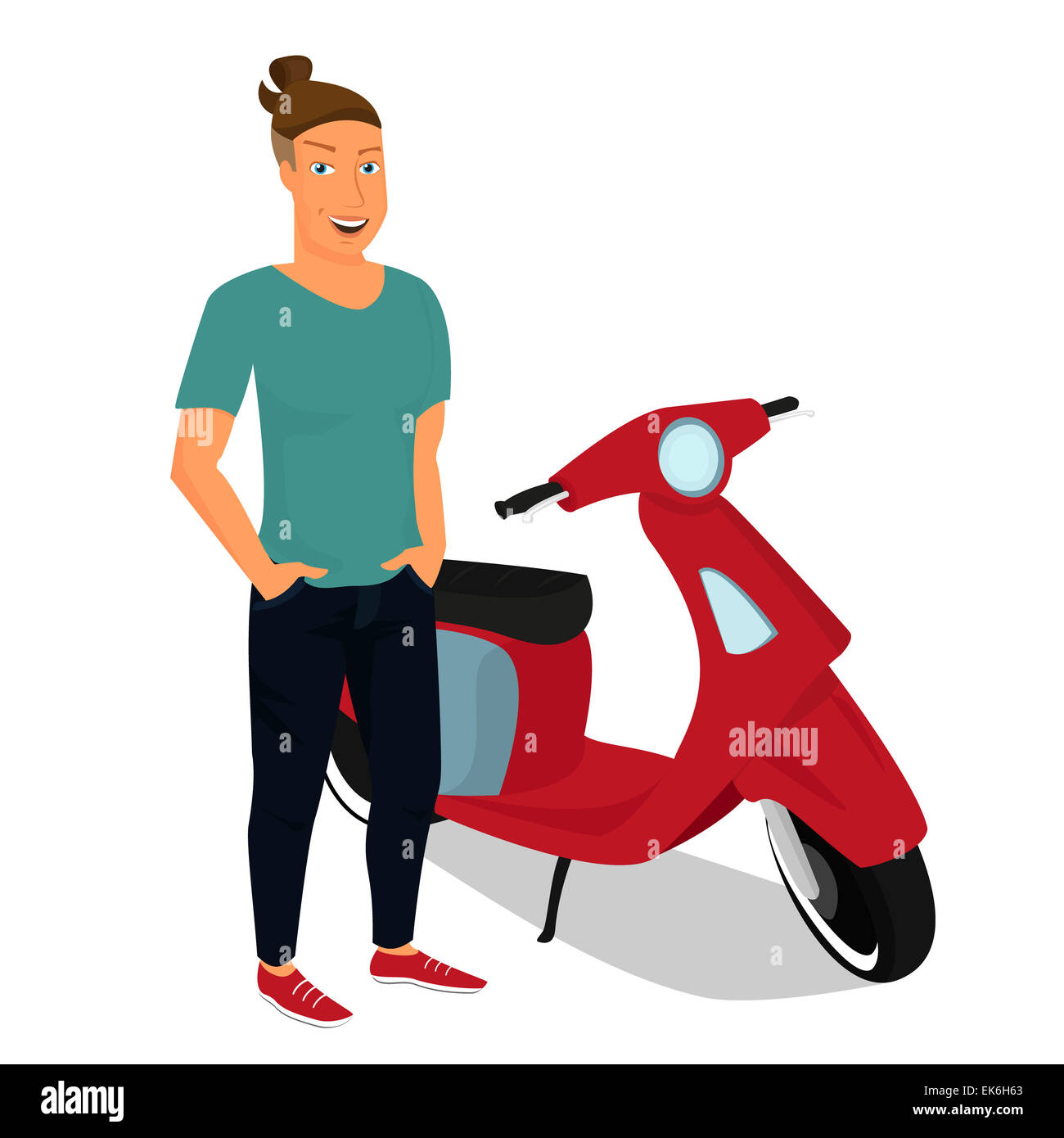 Hipster ragazzo indossa elegante soggiorno vicino red moto Foto Stock