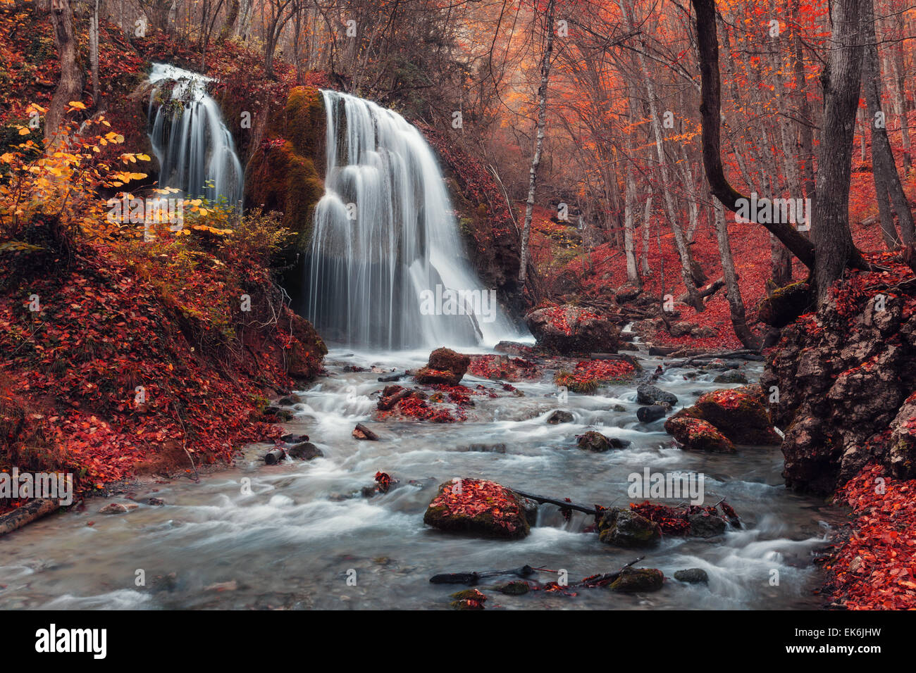 Bella cascata con alberi e foglie rosse, delle rocce e delle pietre nella foresta di autunno. Flusso di argento cascata (foresta di autunno in Crimea) Foto Stock