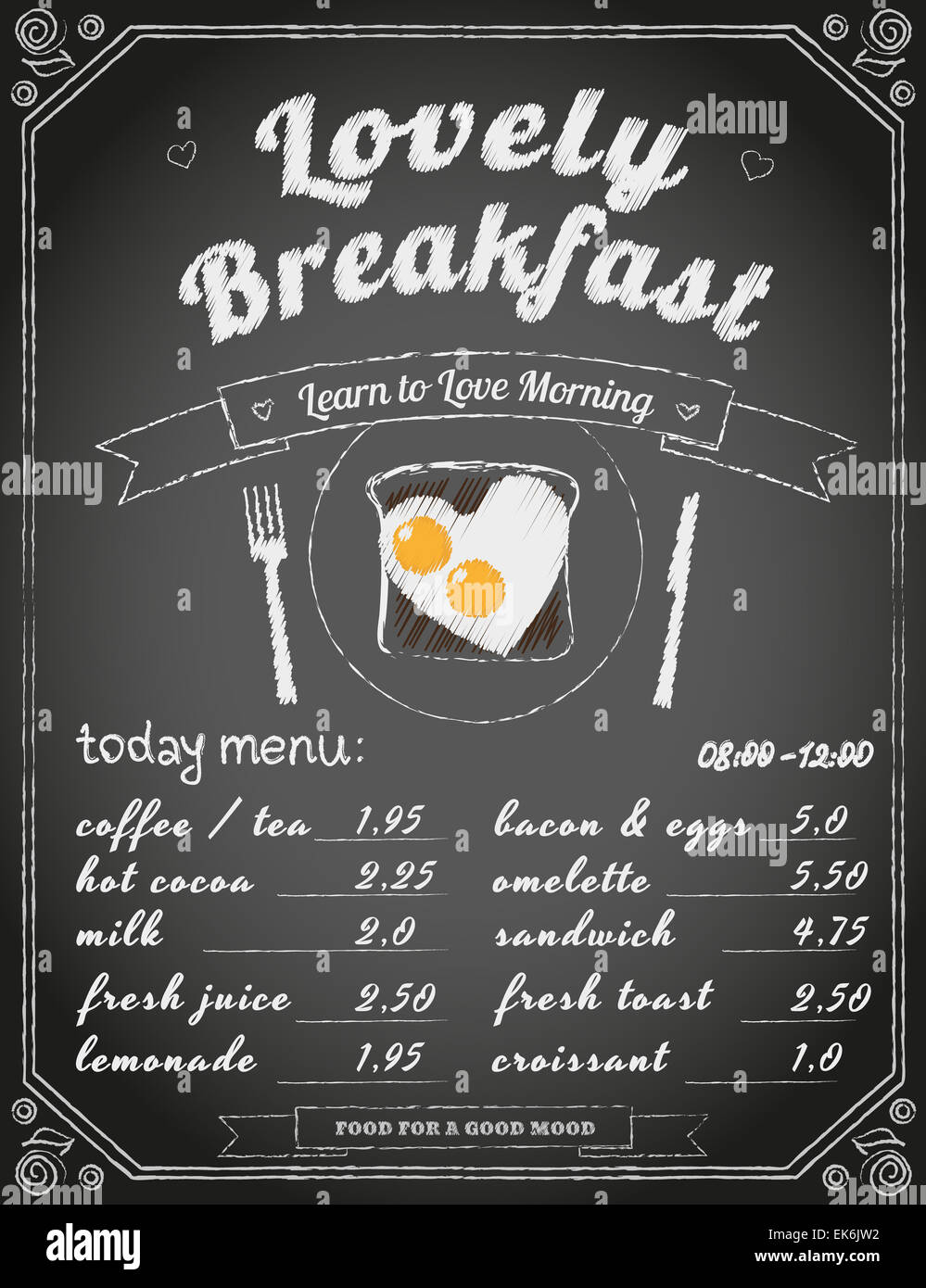 Il menu della prima colazione sulla lavagna Foto Stock