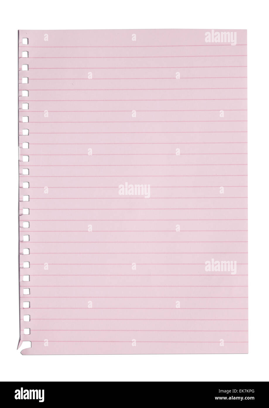 Il foglio vuoto di carta rosa da un notebook Foto Stock