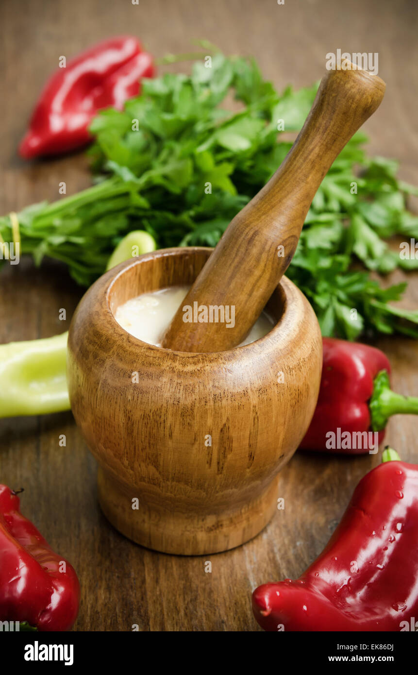 Salsa di aglio e verdure Foto Stock