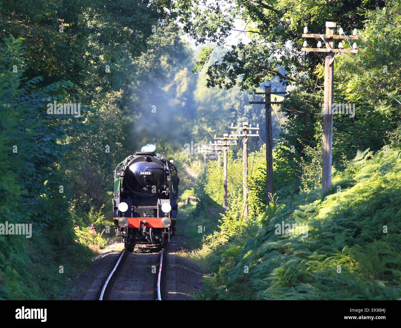 Bulleid Pacific 'Sir Keith Park' capi verso Arley, Severn Valley Railway, Worcestershire, e Shropshire border, Inghilterra, Eur Foto Stock