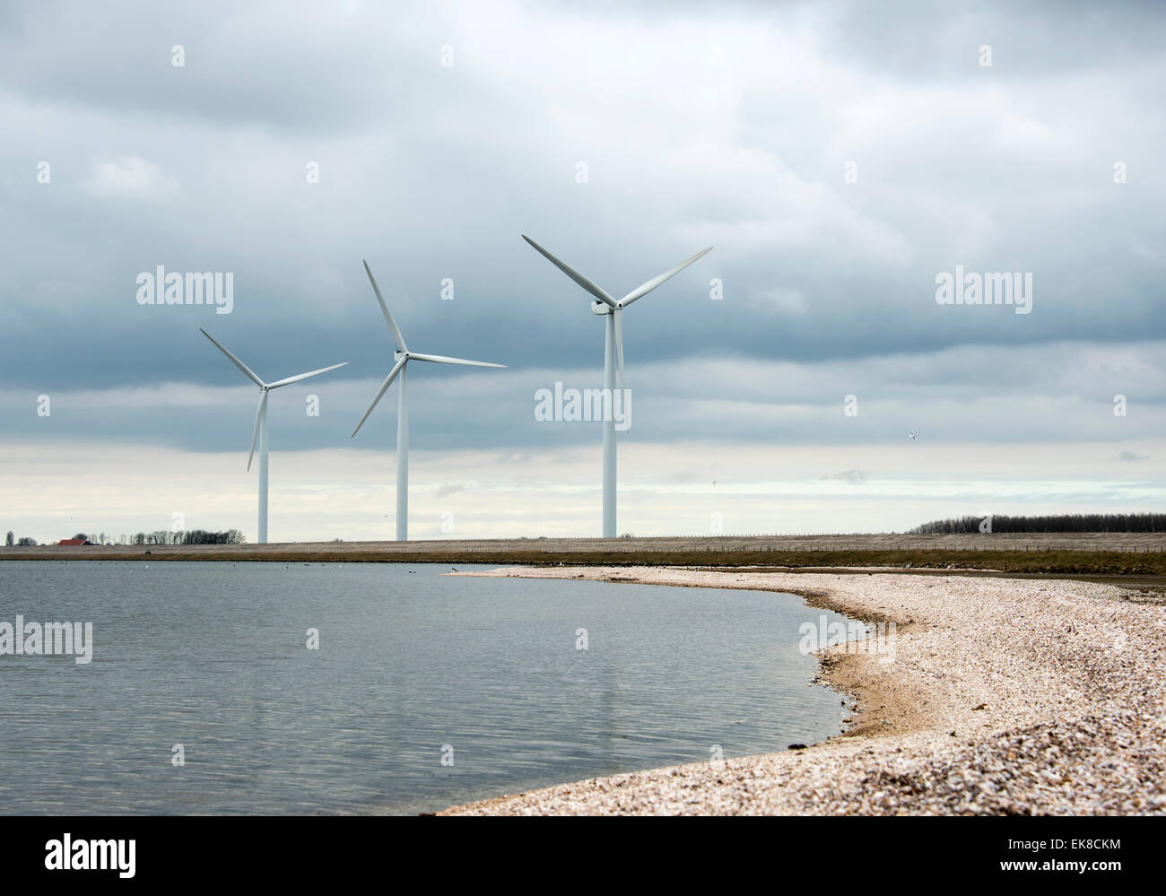 Tre mulini a vento in Olanda nei pressi di un lago di acqua Foto Stock