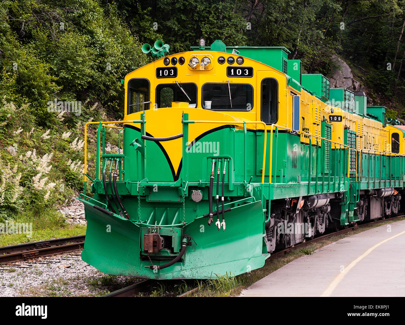 White Pass & Yukon Route scenico e storico treno touring car in Skagway, Alaska, STATI UNITI D'AMERICA Foto Stock