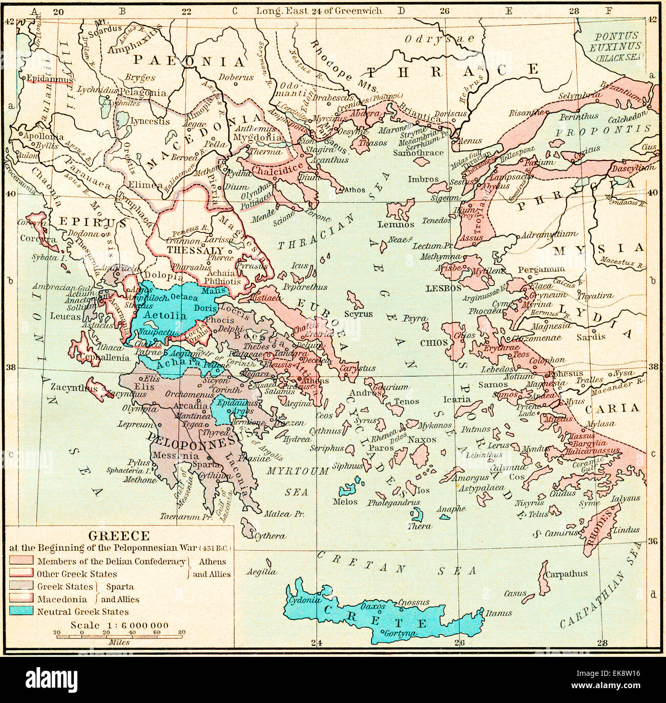 Mappa di Grecia all'inizio della guerra del Peloponneso 431 A.C. La Grecia sotto Theban guida. Foto Stock