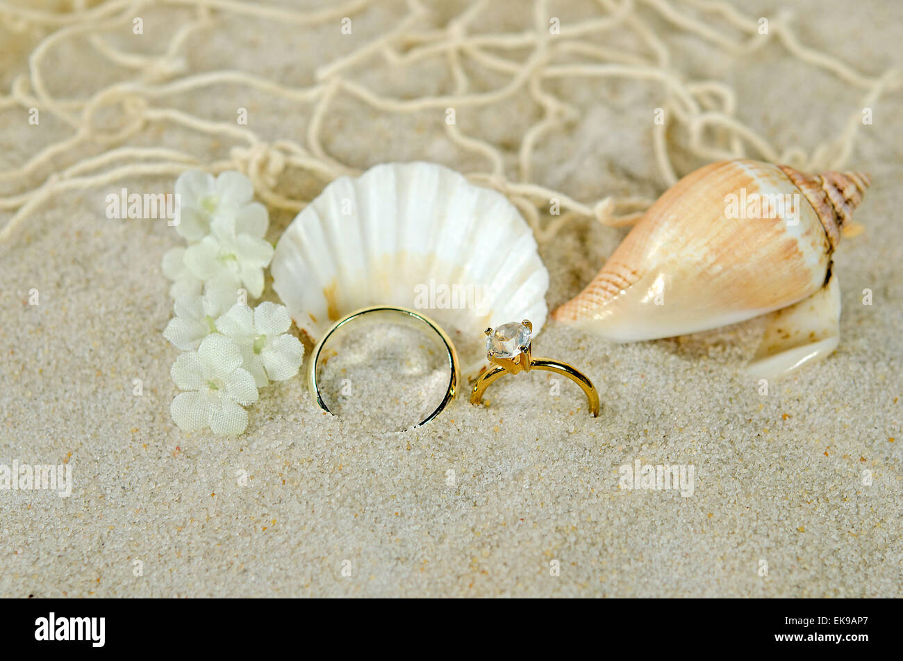 Gli anelli di nozze e diamante in sabbia con conchiglie e net. Foto Stock
