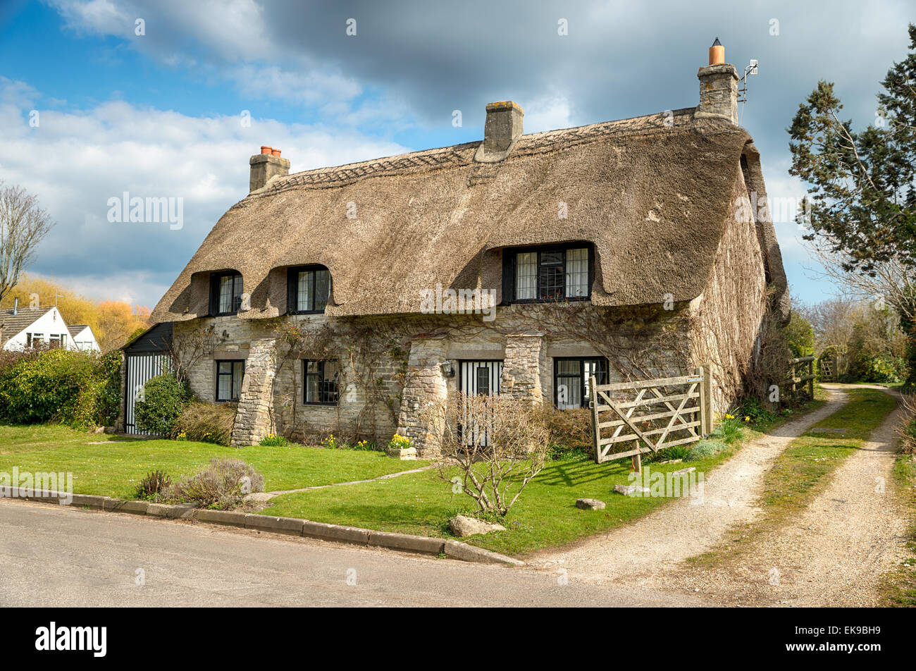 Splendido cottage con il tetto di paglia a Corfe Castle villaggio sul Purbeck Hills nel Dorset Foto Stock