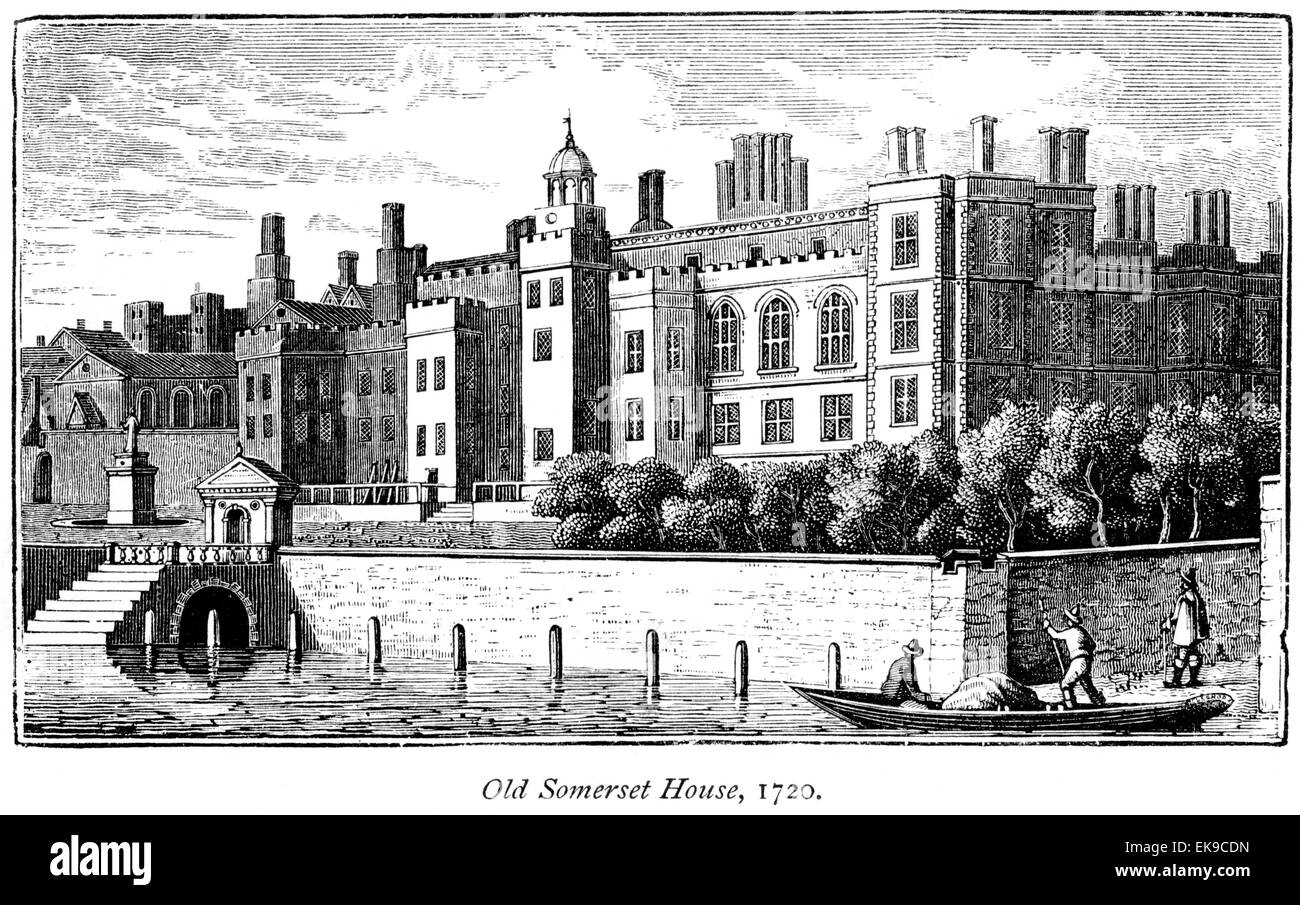 Una incisione di Old Somerset House nel 1720 scansionati ad alta risoluzione da un libro stampato nel 1867. Foto Stock