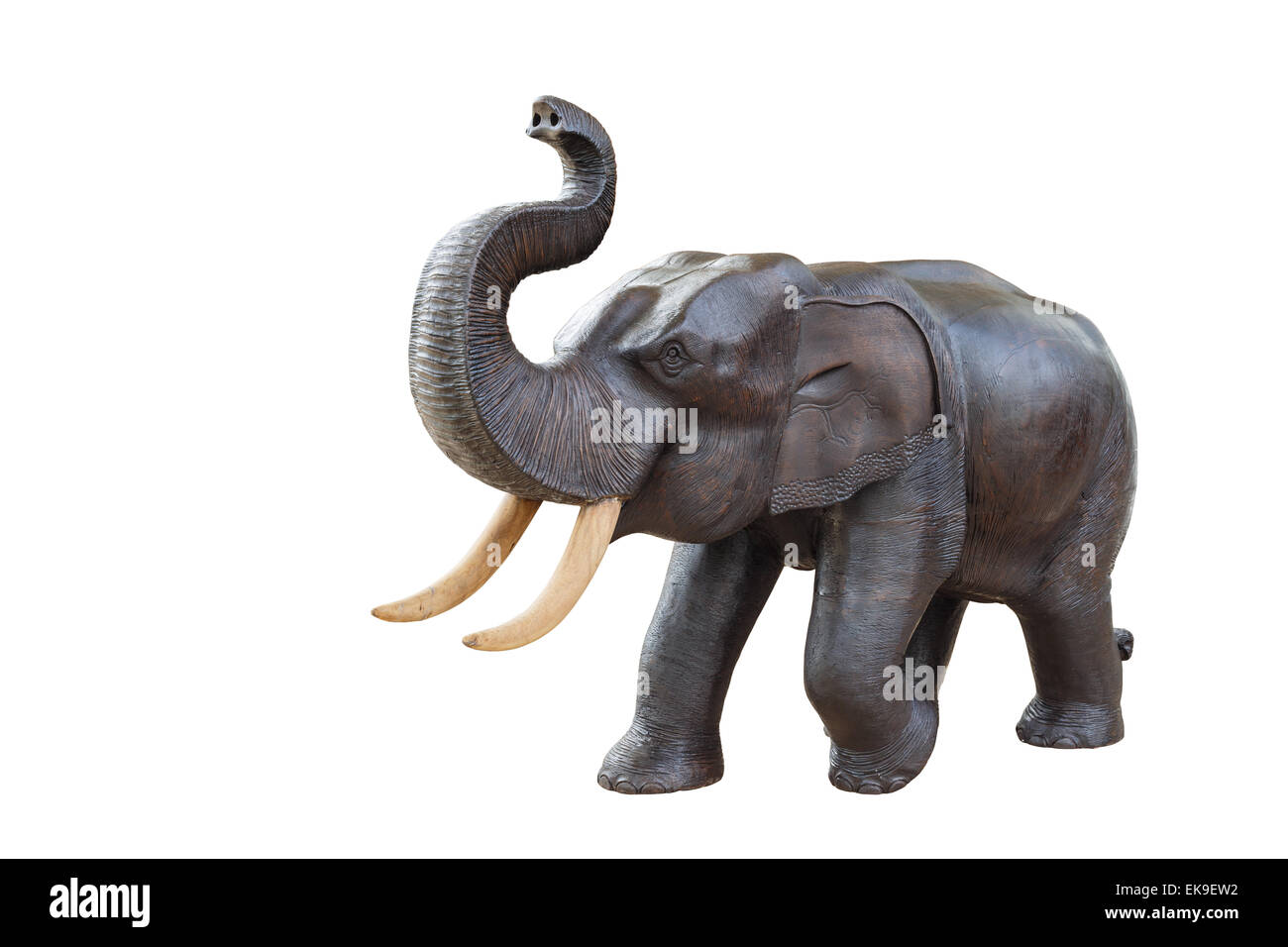 Artigianato del legno scultura di elefante isolato su sfondo bianco Foto Stock