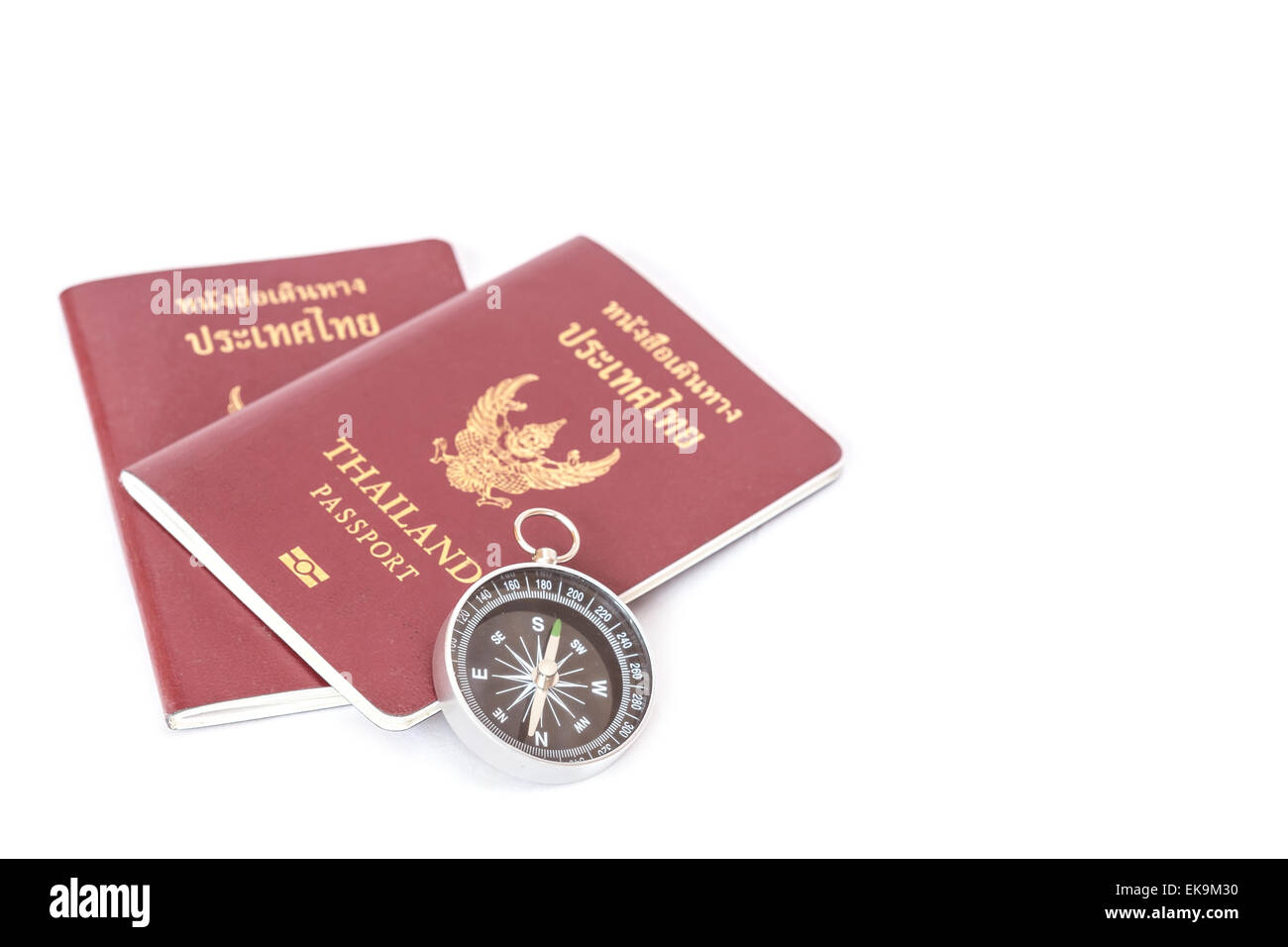 Bussola e Tailandia passaporto isolati su sfondo bianco Foto Stock
