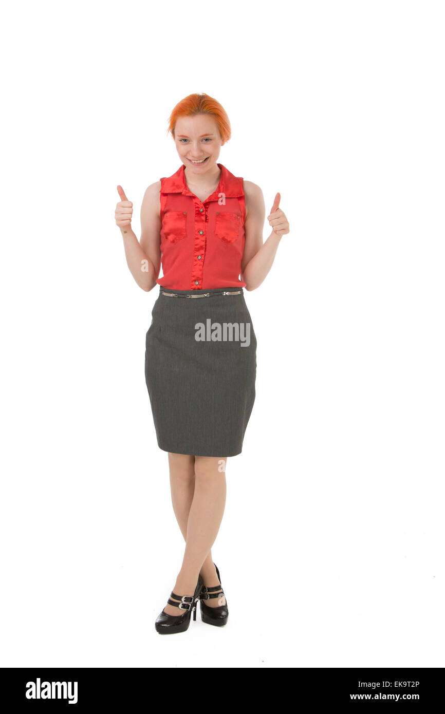 Donna felice di dare un doppio pollice in alto Foto Stock