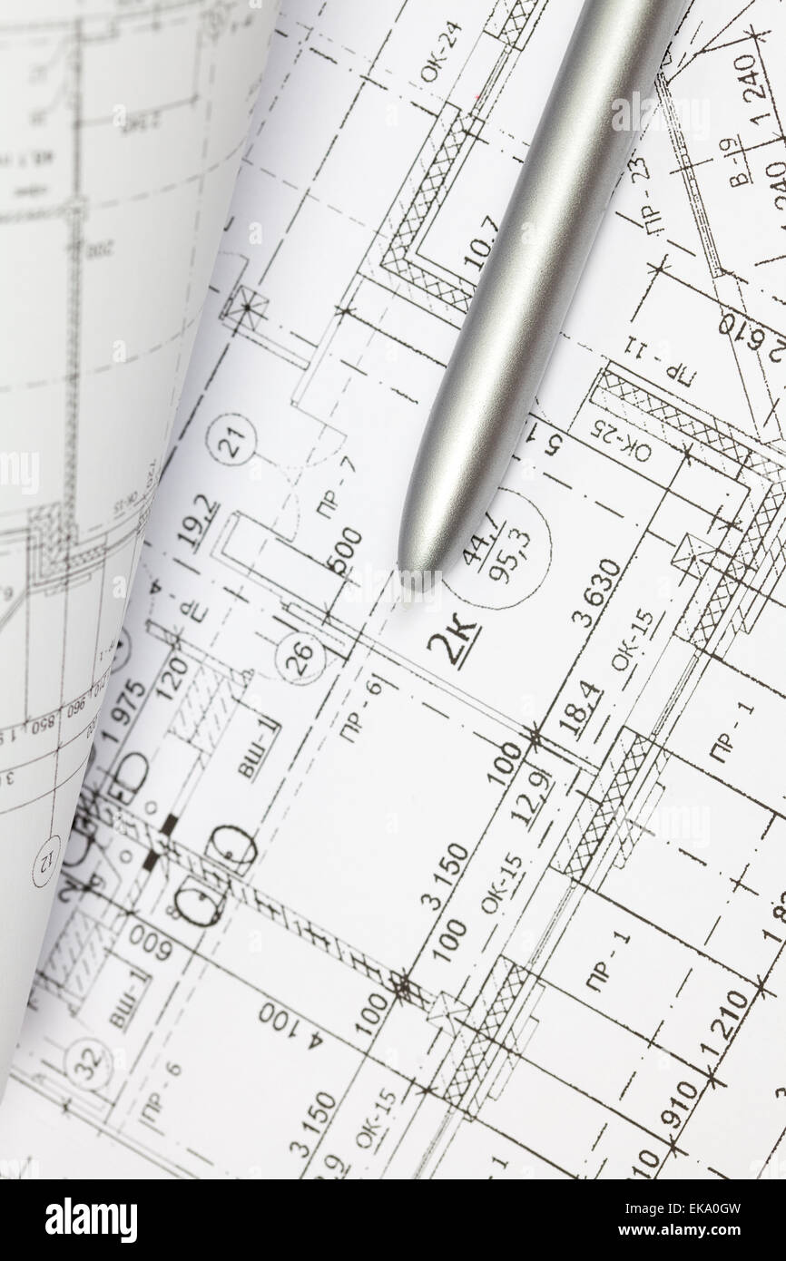 Sfondo di disegni di architettura e penna Foto Stock