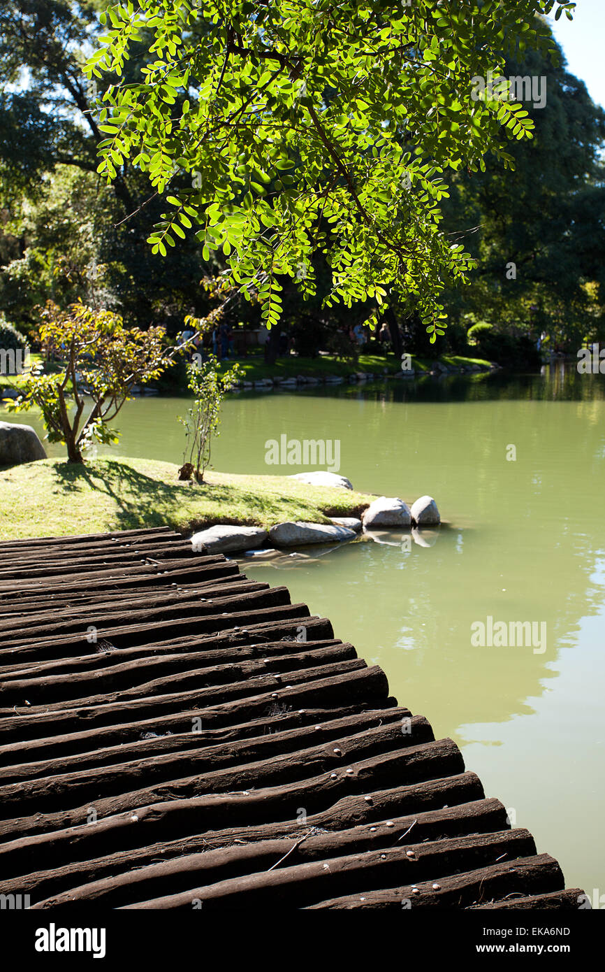 Ponte di legno con stagno e nel parco Foto Stock