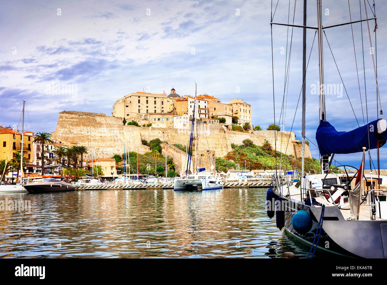 Corsica Calvi. vista con marina e la fortezza vecchia Foto Stock