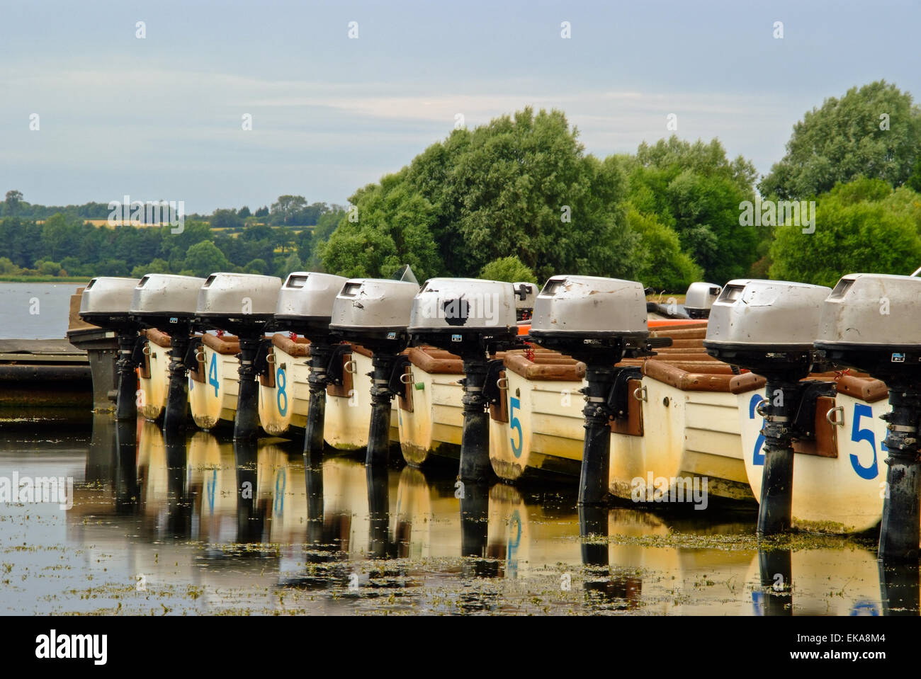 Linea di imbarcazioni da pesca con motori fuoribordo Foto Stock