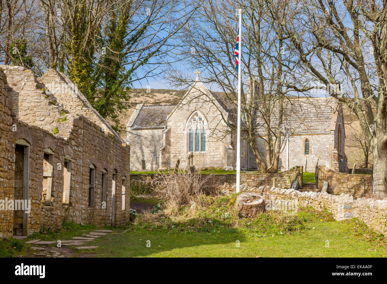 Tyneham un villaggio fantasma nel Sud di Dorset, Inghilterra,sull'Isola di Purbeck Foto Stock