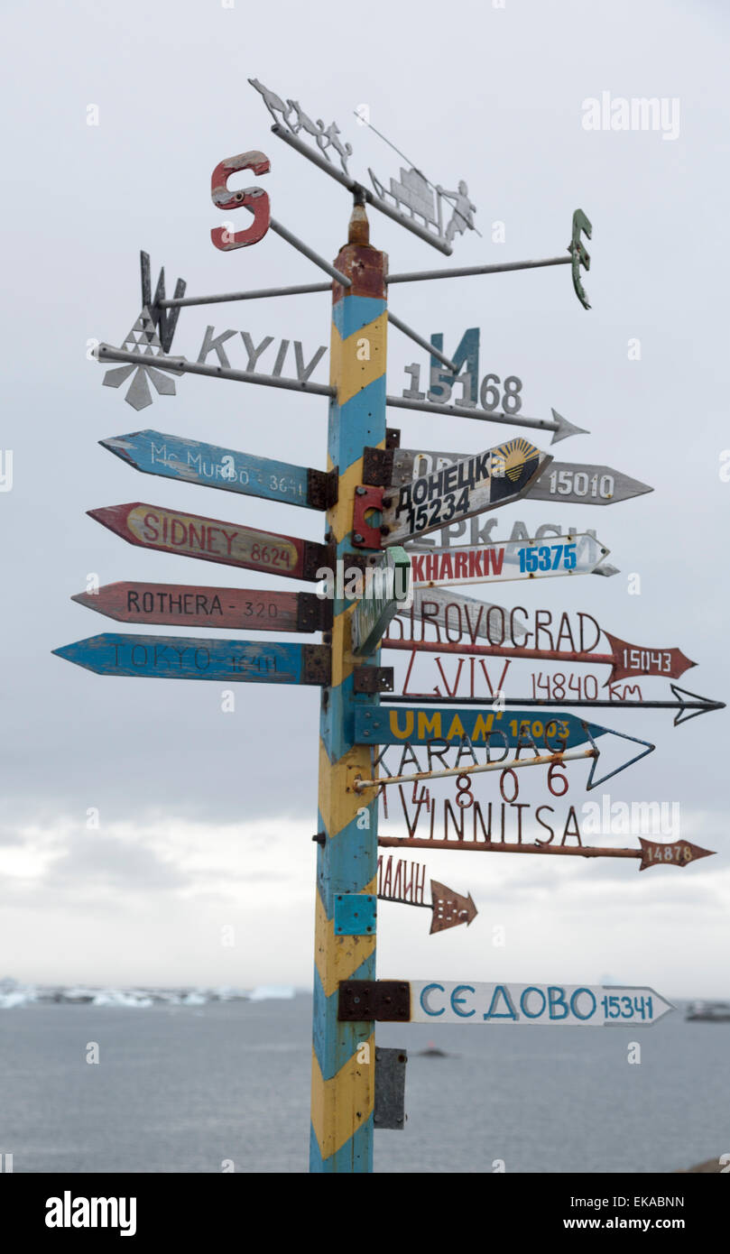 Cartello a Vernadsky Base di ricerca, Galindez Island Isole argentino, Antartide Foto Stock