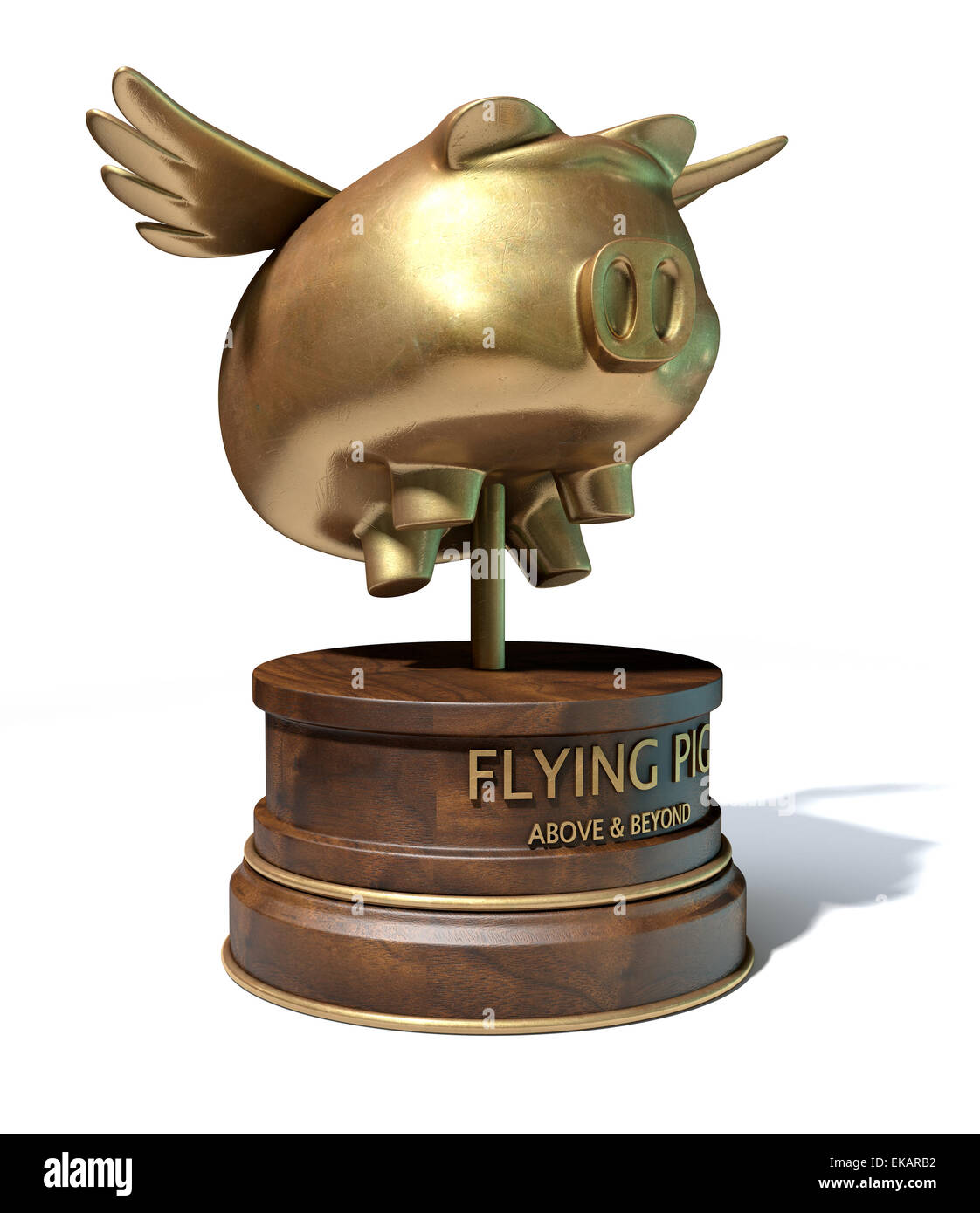 Un trofeo in oro di un mitico Flying Pig sulla parte superiore di una base di legno e una descrizione che si legge al di sopra e al di là su un isolato whi Foto Stock