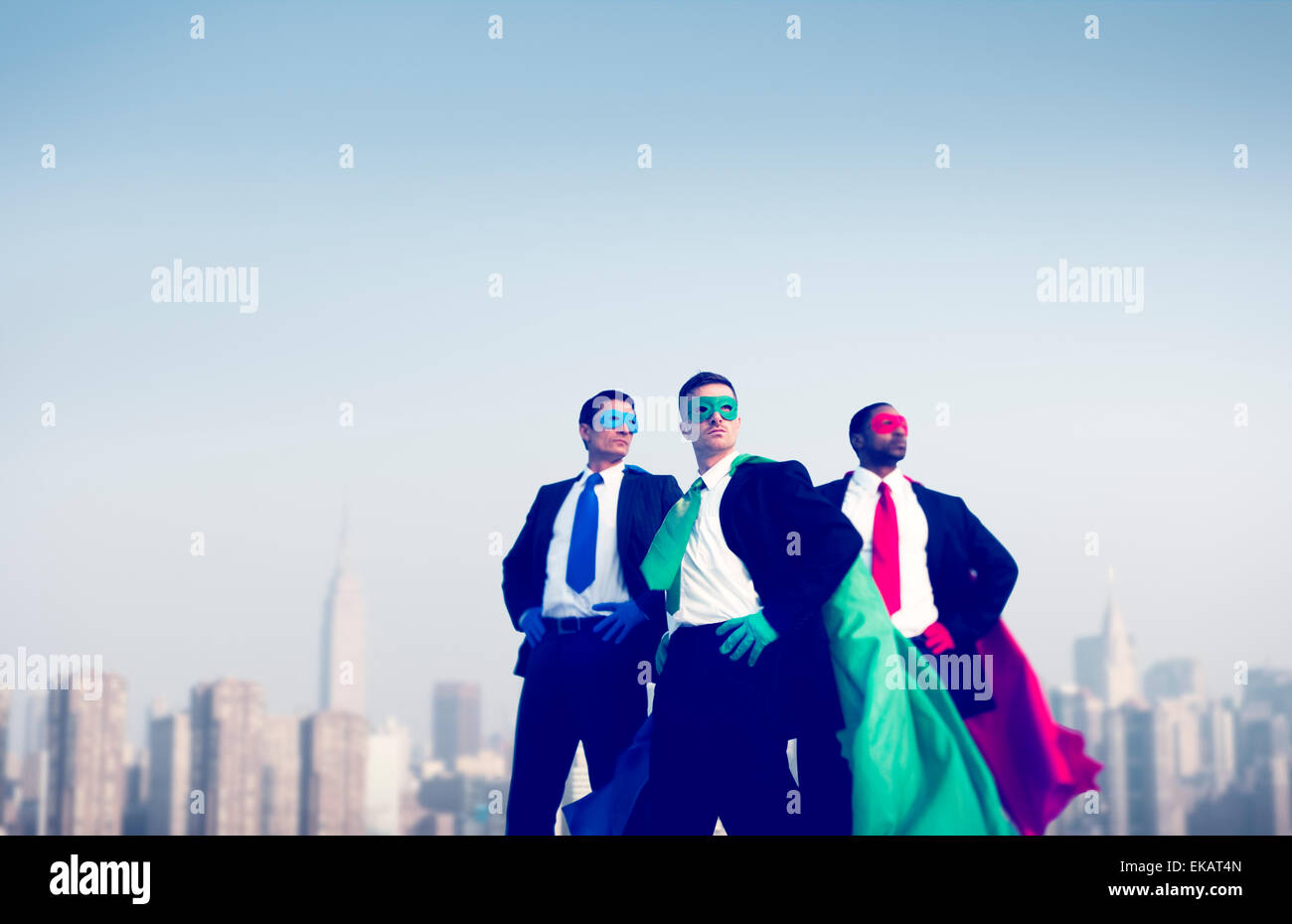 Gli imprenditori di supereroi Cityscape concetto del Team Foto Stock