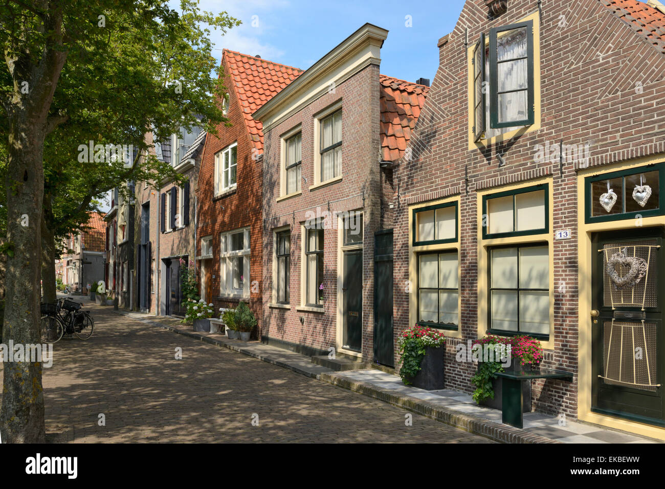 Strada di unicamente le singole case olandesi, Zuider Havendijk, Enkhuizen, North Holland, Paesi Bassi, Europa Foto Stock