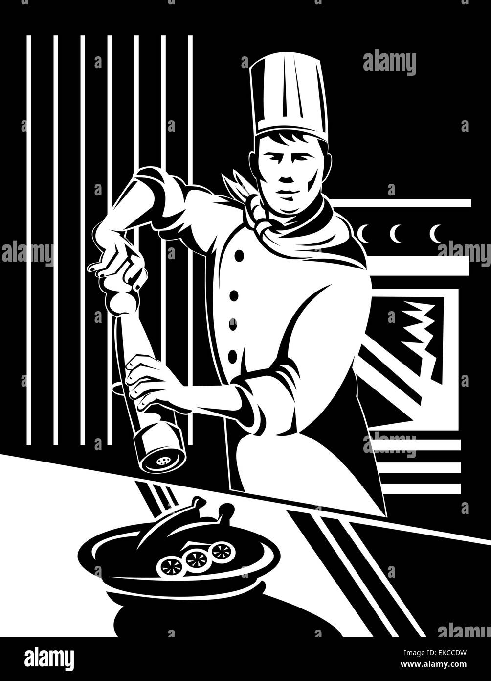 Chef di cucina baker azienda azienda pepaiola in cucina Foto Stock