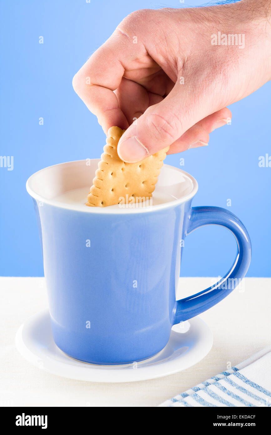 Mano d'uomo immergendo un biscotto in un blu tazza di latte Foto Stock Mano d'uomo immergendo un biscotto in un blu tazza di latte Foto Stock
