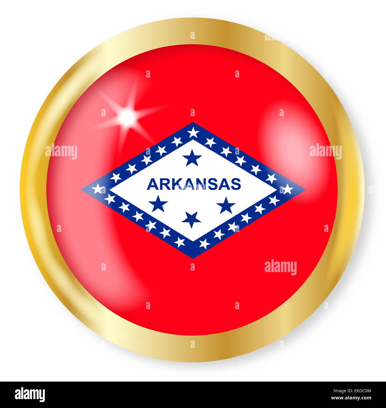 Arkansas flag di stato pulsante con un metallo oro bordo circolare su uno sfondo bianco Foto Stock