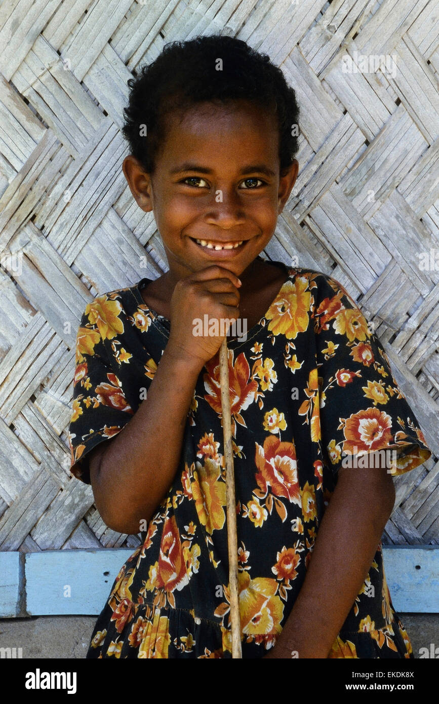 Villaggio sorridente ragazza. fiji. Sud Pacifico Foto Stock