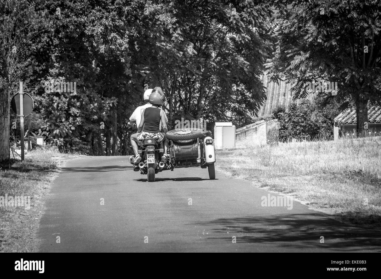 Coppia in moto e sidecar in Francia. Foto Stock