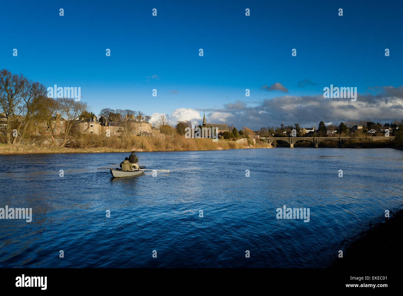 La pesca del salmone sul fiume Tweed in corrispondenza della giunzione, dove il Teviot incontra il Tweed a Kelso. Foto Stock