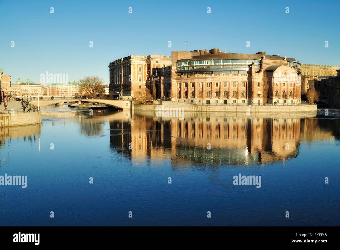 Stoccolma illuminato Casa del Parlamento Foto Stock