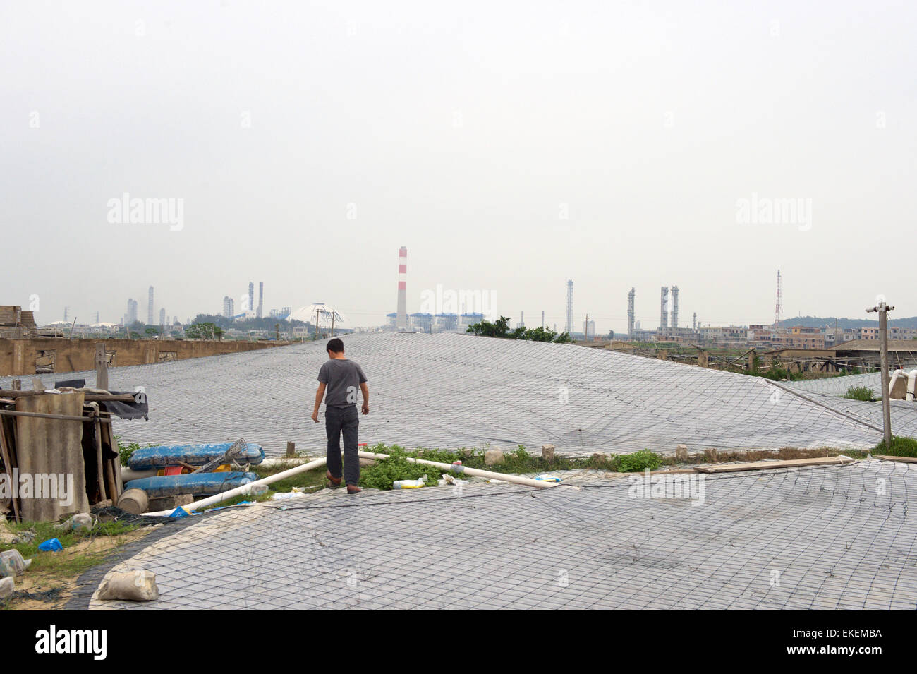 Gulei, la Cina della provincia del Fujian. 9 apr, 2015. Abitante Chen Bizhi esamina la sua gamberetti stagni di coltura come egli ritorna a casa dopo essere stato evacuato per un incendio presso un vicino impianto chimico in Xiliao villaggio di Gulei, a sud-est della Cina di provincia del Fujian, Aprile 9, 2015. L'olio fuoriuscito da un impianto di xilene in Tenglong idrocarburo aromatico (Zhangzhou) Co. Ltd. Gulei sulla penisola di Zhangzhou City ha preso fuoco e portato a esplosioni a tre serbatoi nelle vicinanze. Circa 30.000 residenti sono stati evacuati. © Jiang Kehong/Xinhua/Alamy Live News Foto Stock