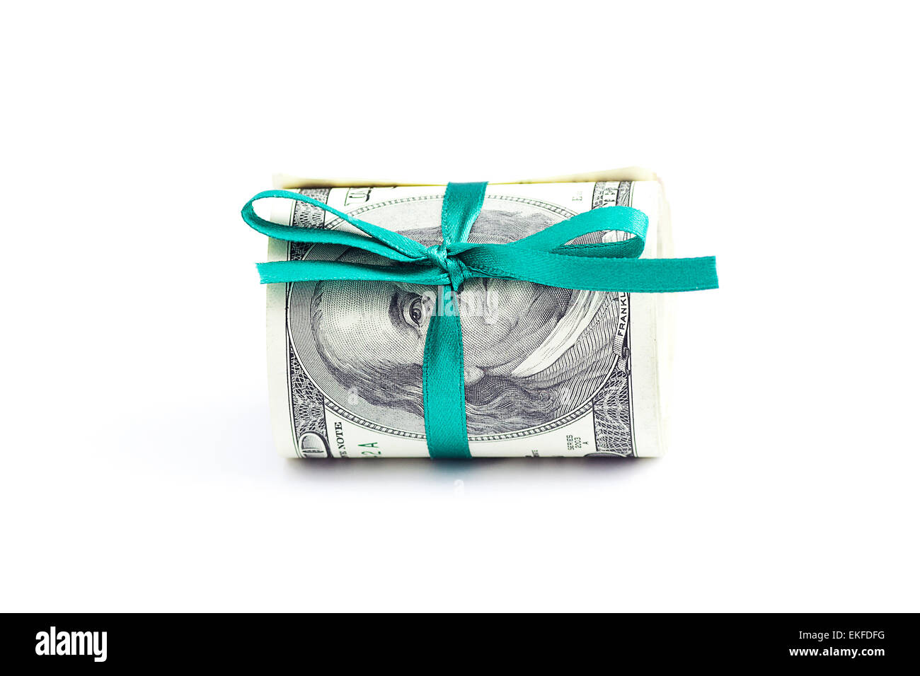 Di dollari arrotolato in un tubo legate con nastro isolato su bianco Foto Stock