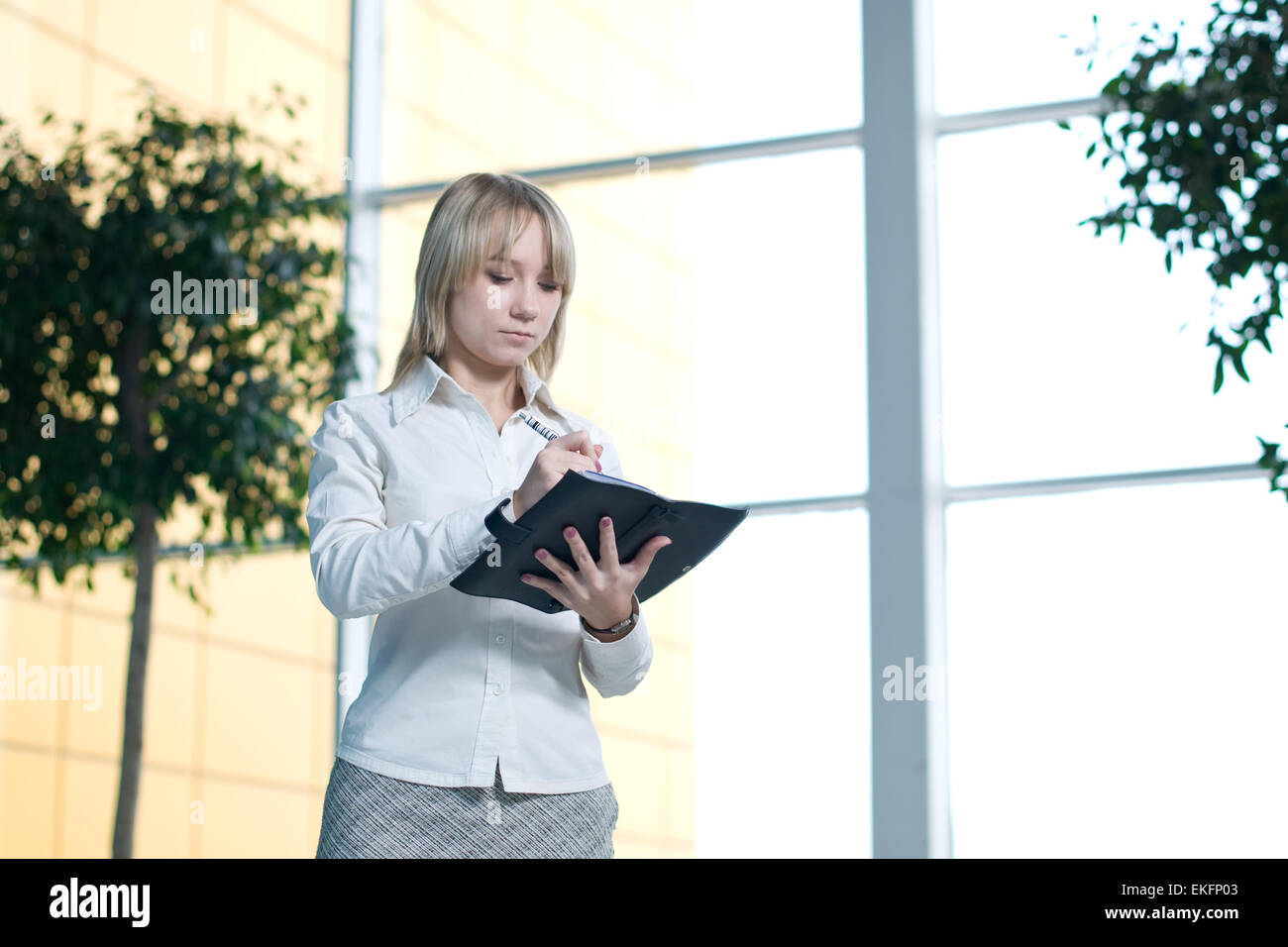 Giovane imprenditrice con il pianificatore di giorno nella lobby Foto Stock