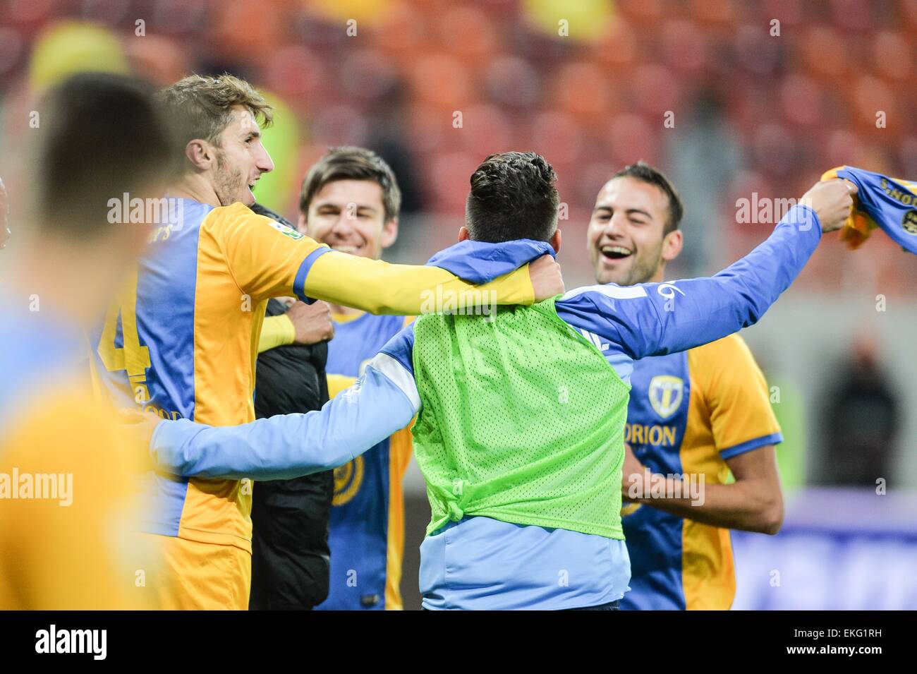 9 aprile 2015: FC Petrolul i membri del team alla fine della Liga io gioco tra FC Steaua Bucharest ROU e FC Petrolul Ploiesti ROU a livello nazionale Arena, Romania ROU. Catalin Soare/www.sportaction.ro Foto Stock