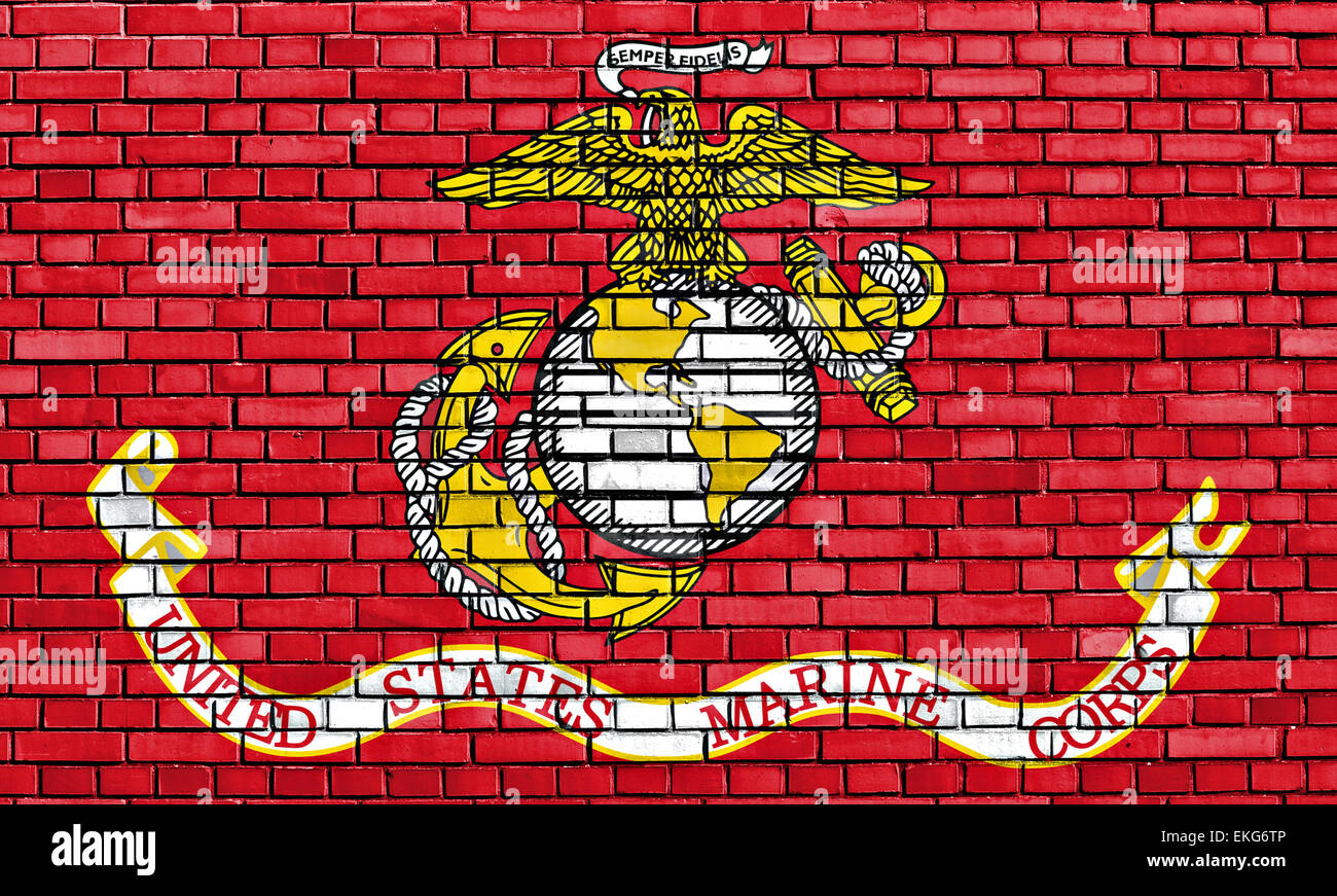 Bandiera del Corpo della Marina degli Stati Uniti dipinta su un muro di mattoni Foto Stock