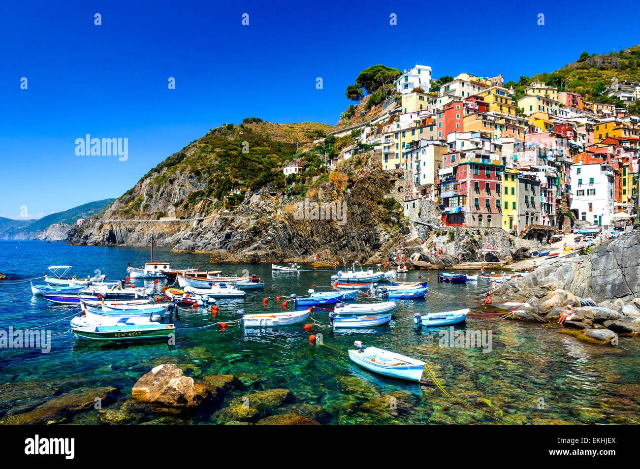 Cinque Terre. Riomaggiore villaggio in una piccola valle nella regione Liguria d'Italia. Foto Stock