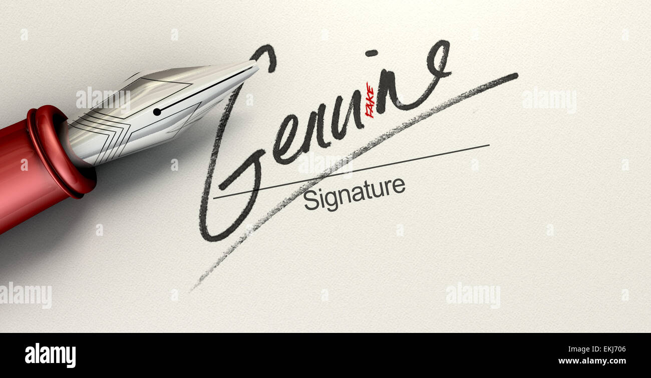 Un ingannevole concetto mostra una penna avente appena scritto su un foglio  di carta bianca di una firma che legge originali ma legge falso con un clos  Foto stock - Alamy