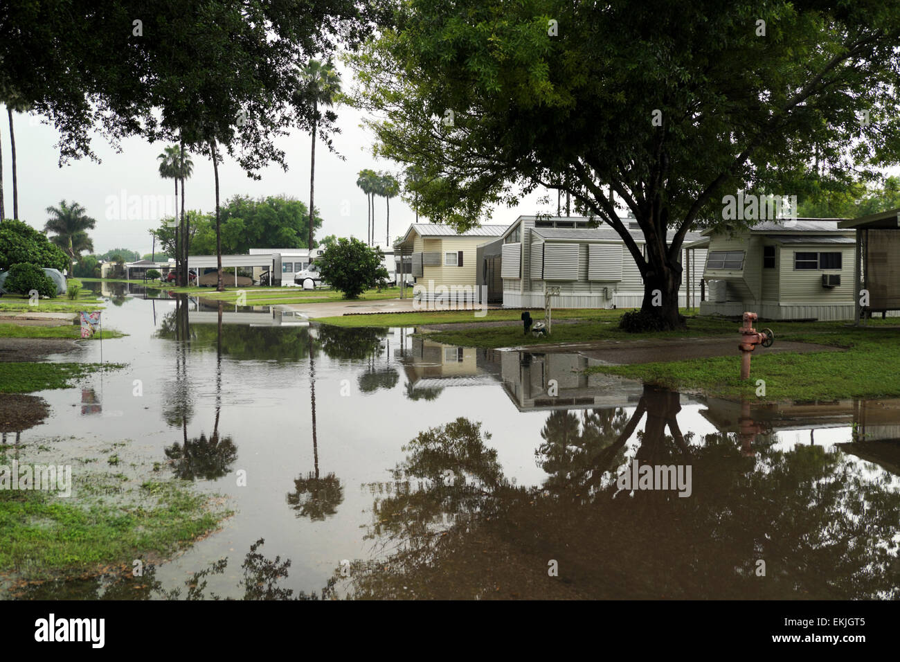 Aprile inondazioni in una casa mobile/RV Park in missione, Texas, Stati Uniti d'America Foto Stock