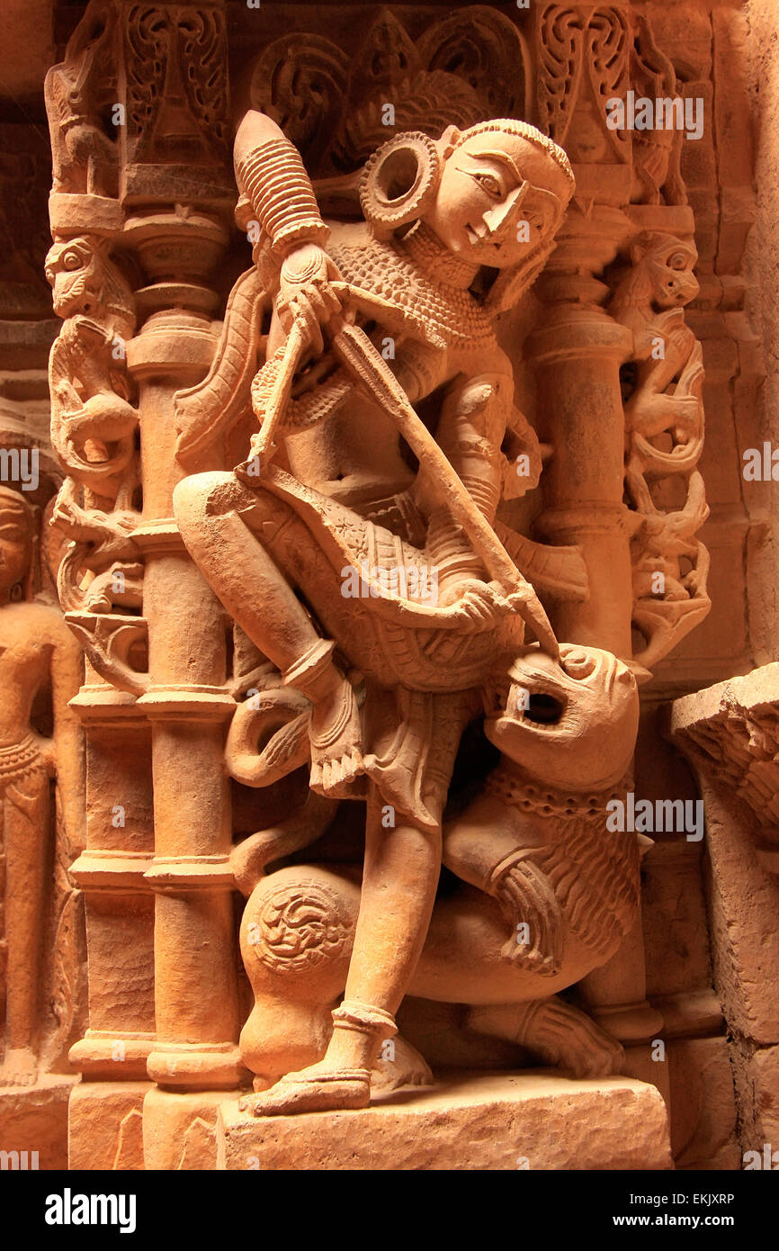 Carving decorativi di templi Jain, Jaisalmer, Rajasthan, India Foto Stock