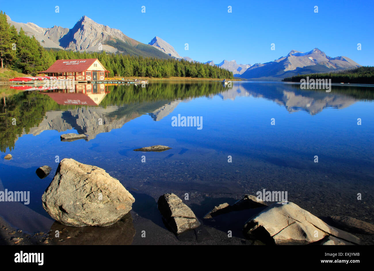 Il Lago Maligne, Jasper National Park, Alberta, Canada Foto Stock